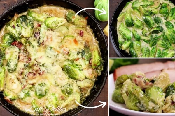 Skillet Creamy Garlic Parmesan Brussels Sprouts, homemade and freshly served