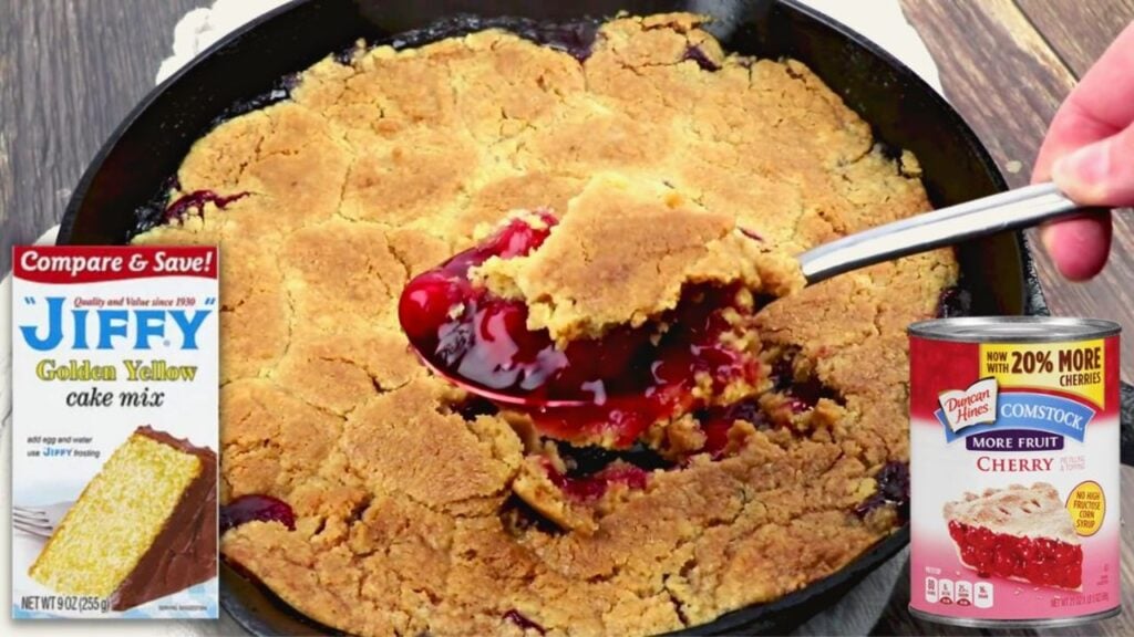 Easy 4-Ingredient Skillet Cherry Cobbler, homemade and freshly served