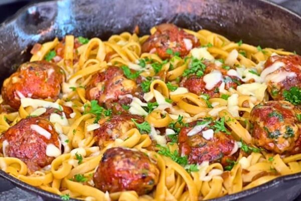 Easy Skillet French Onion Chicken Meatball Pasta, homemade and freshly served