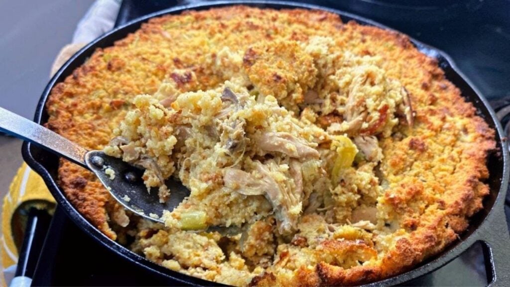 Southern Skillet Cornbread Chicken & Dressing, homemade and freshly served
