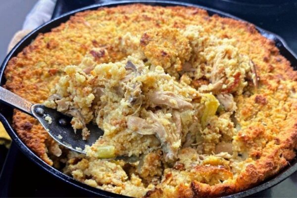 Southern Skillet Cornbread Chicken & Dressing, homemade and freshly served