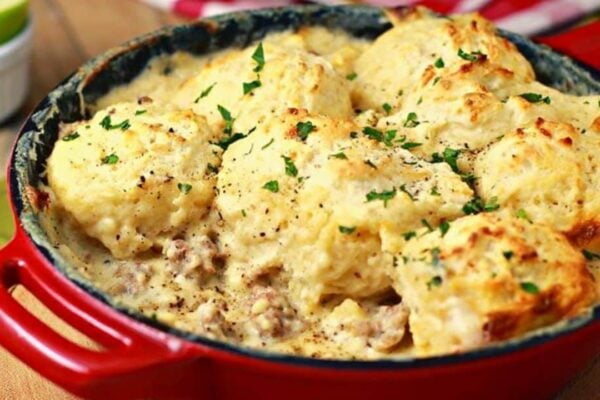 Easy Skillet Sausage Gravy and Drop Biscuits, homemade and freshly served