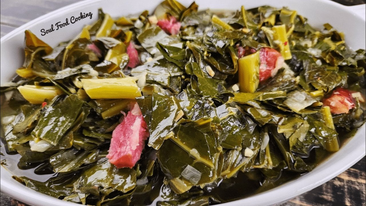 Easy Slow Cooker Collard Greens Easy slow cooker collard greens simmered dark green with ham hocks and plenty of pot likker in a crock