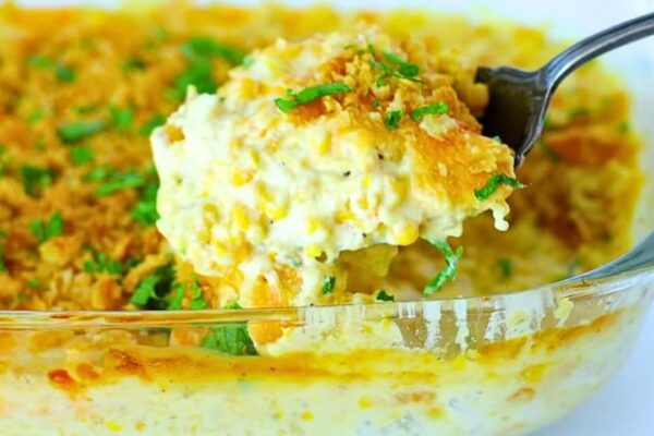 Easy Southern-Style Creamy Corn Casserole, homemade and freshly served