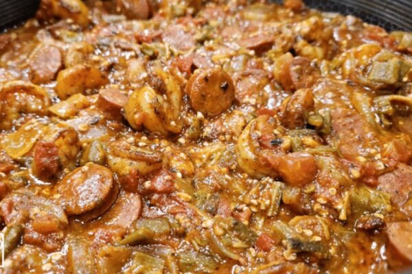 Easy Southern Smothered Okra and Shrimp, homemade and freshly served