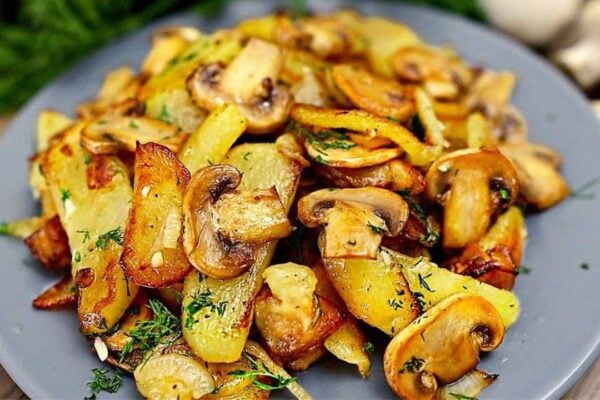 Easy Stir-Fried Potatoes and Mushrooms, homemade and freshly served