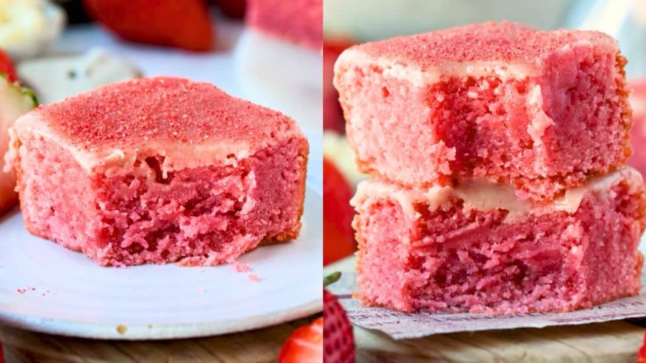 Easy Strawberry Brownies Recipe A two panel graphic of pink strawberry brownies, one with a bite taken out and two stacked on parchment