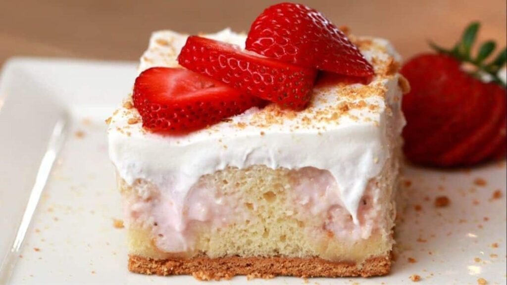 Easy Strawberry Cheesecake Poke Cake, homemade and freshly served