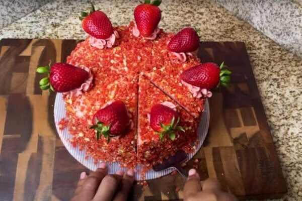 Easy Strawberry Crunch Cake, homemade and freshly served