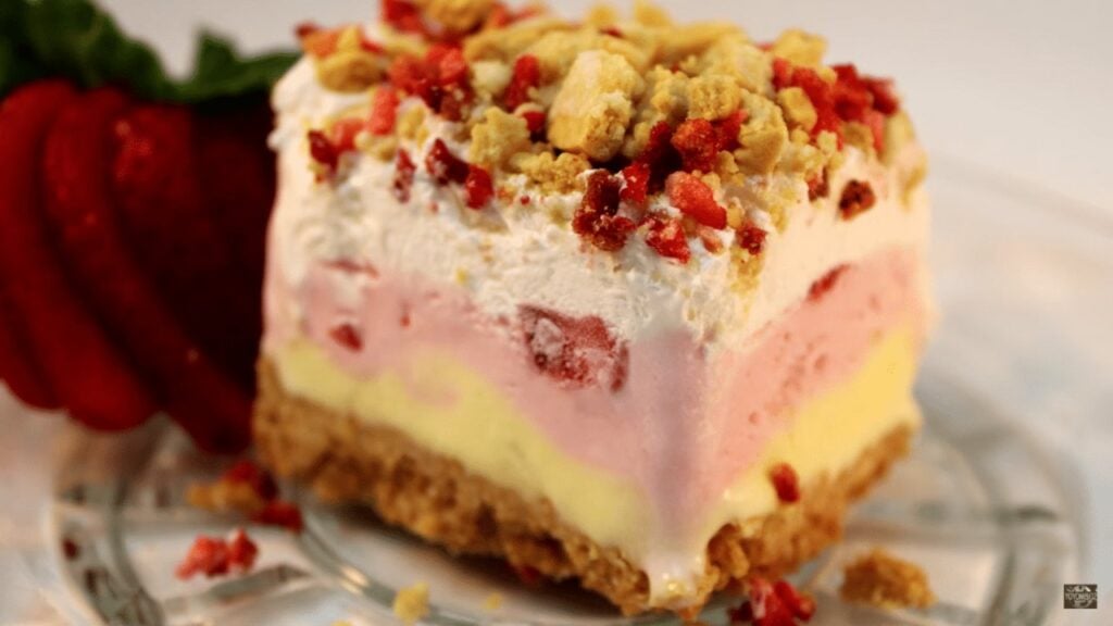 Easy Strawberry Crunch Ice Cream Cake, homemade and freshly served