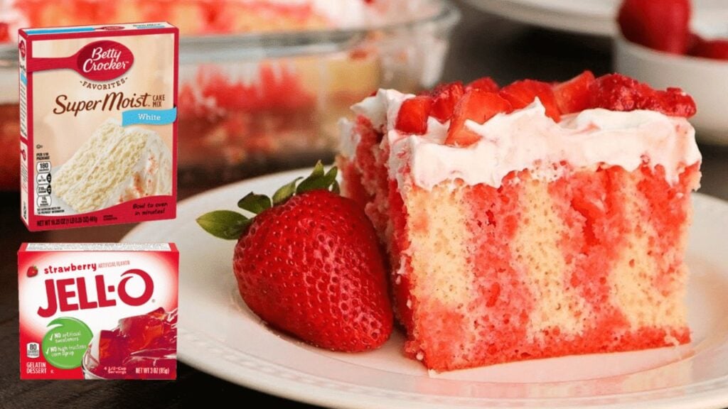 Easy Strawberry Jello Poke Cake, homemade and freshly served