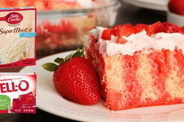 Easy Strawberry Jello Poke Cake, homemade and freshly served