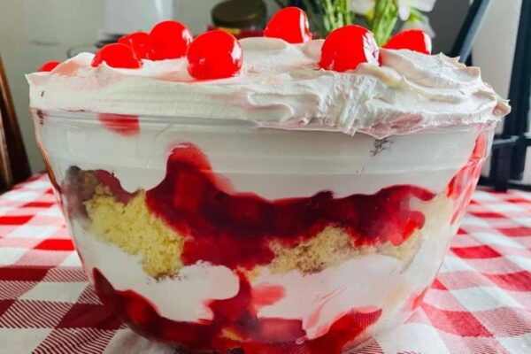 Easy Strawberry Pineapple Punch Bowl Cake, homemade and freshly served