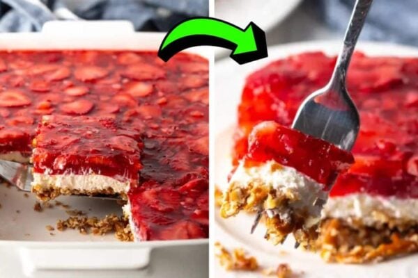 Easy Strawberry Pretzel Salad, homemade and freshly served