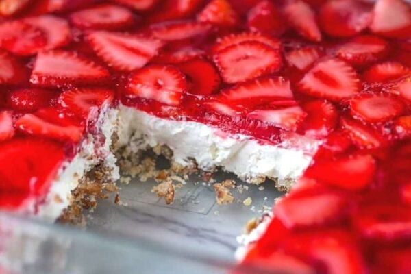 Easy Strawberry Pretzel Salad, homemade and freshly served