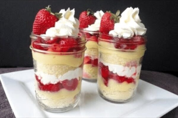 Easy Strawberry Shortcake Trifle, homemade and freshly served