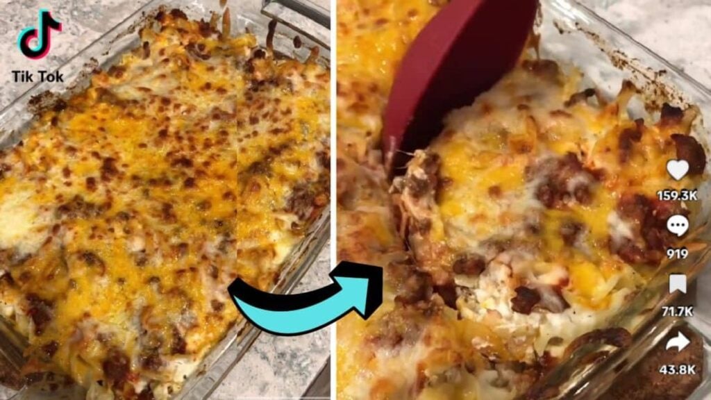 Easy Sour Cream Noodle Bake Casserole, homemade and freshly served