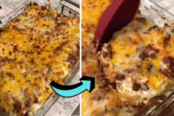 Easy Sour Cream Noodle Bake Casserole, homemade and freshly served