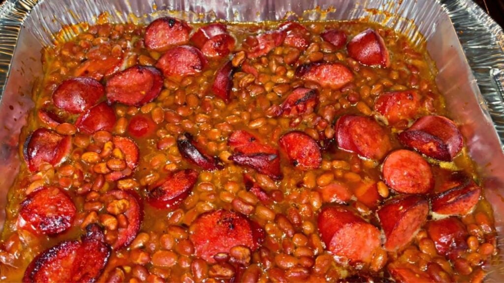 Simple Baked Beans and Smoked Sausage, homemade and freshly served