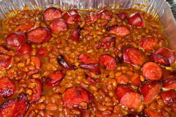 Simple Baked Beans and Smoked Sausage, homemade and freshly served