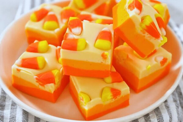 Easy-to-Make Candy Corn Fudge, homemade and freshly served