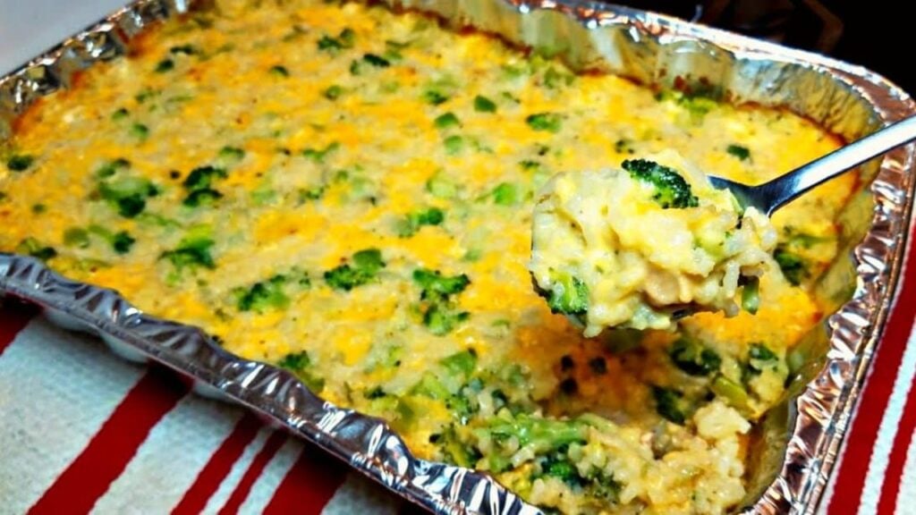 Easy-To-Make Cheesy Broccoli & Rice Casserole, homemade and freshly served