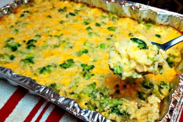 Easy-To-Make Cheesy Broccoli & Rice Casserole, homemade and freshly served