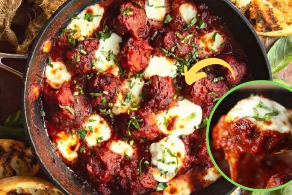 Easy-To-Make Cheesy Skillet Meatballs, homemade and freshly served
