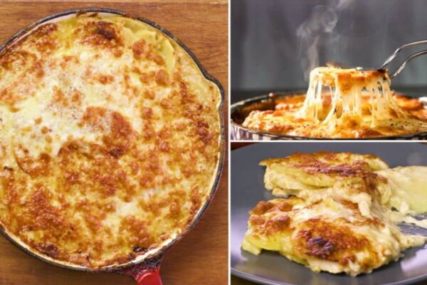 Cheesy Skillet Scalloped Potatoes, homemade and freshly served
