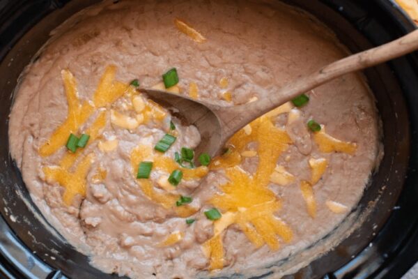 Easy Crockpot Refried Beans, homemade and freshly served