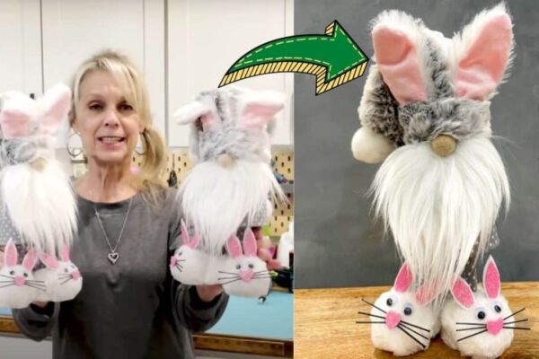 Finished Easy To Make Easter Bunny Gnome With Bunny Slippers, a completed DIY project
