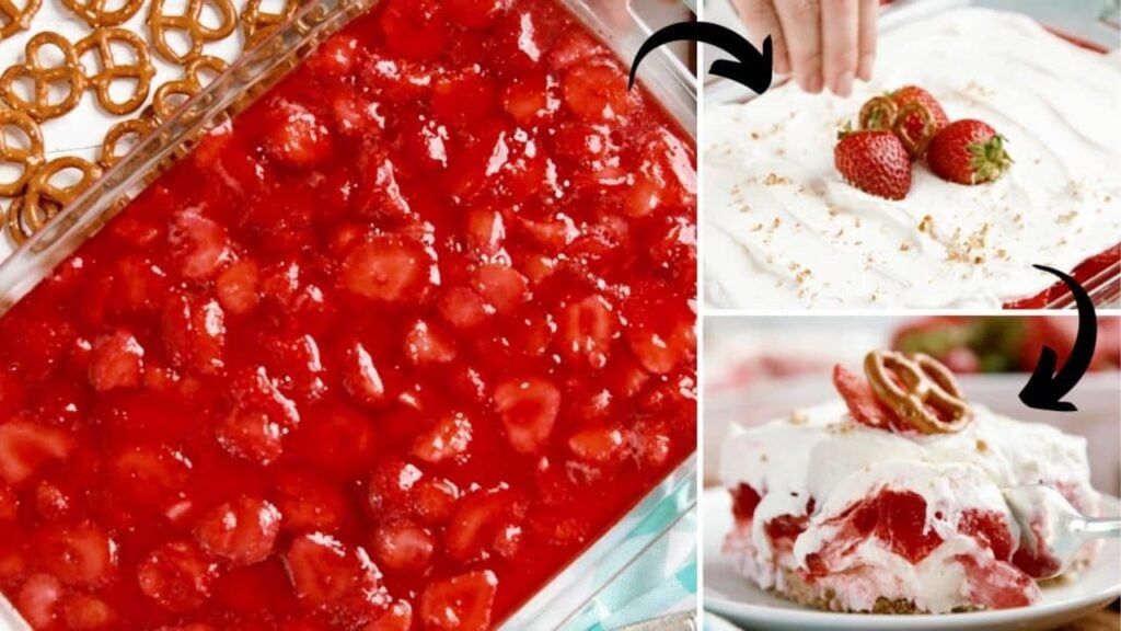 Easy-to-Make Grandma’s Strawberry Pretzel Salad, homemade and freshly served