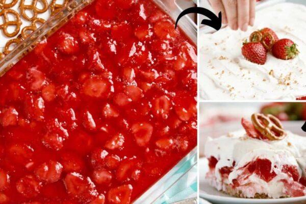 Easy-to-Make Grandma’s Strawberry Pretzel Salad, homemade and freshly served