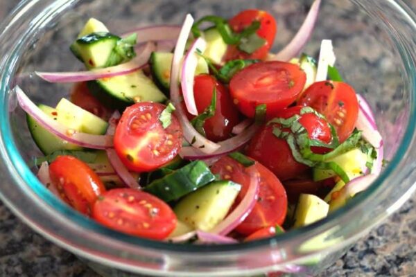 Easy Tomato Cucumber Onion Salad, homemade and freshly served