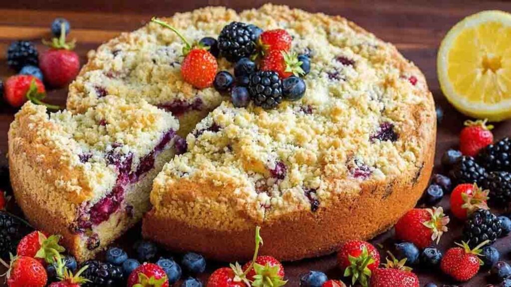 Easy Triple Berry Crumb Cake, homemade and freshly served
