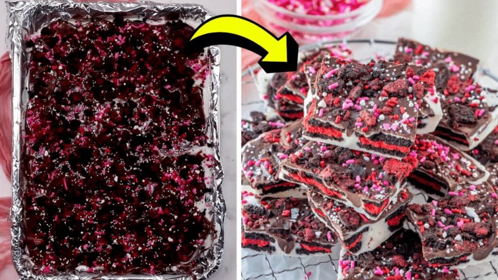 Easy Valentine’s Day Oreo Cookie Bark, homemade and freshly served