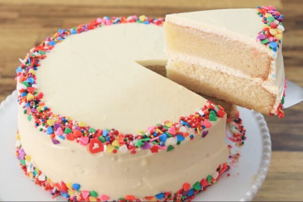 Classic Vanilla Birthday Cake, homemade and freshly served