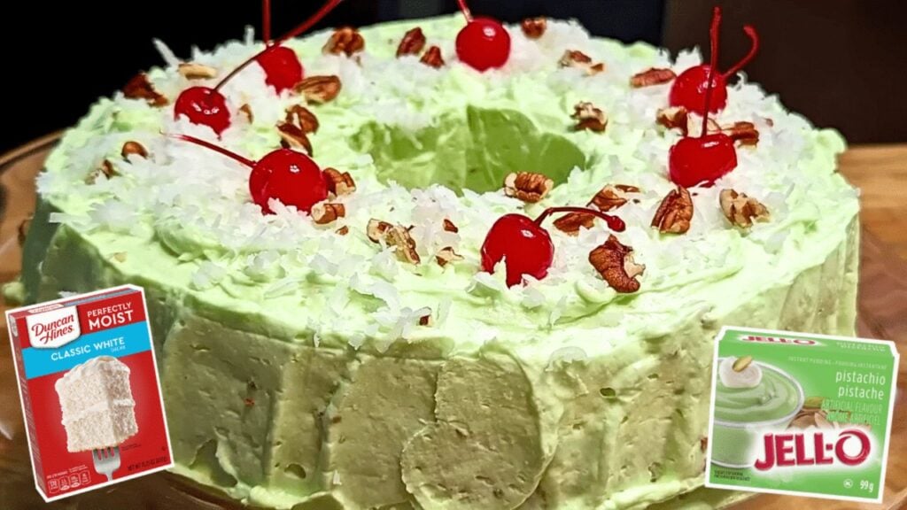 Easy 70’s Watergate Pistachio Cake, homemade and freshly served