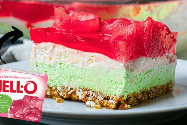 Easy Watermelon Pretzel Salad, homemade and freshly served