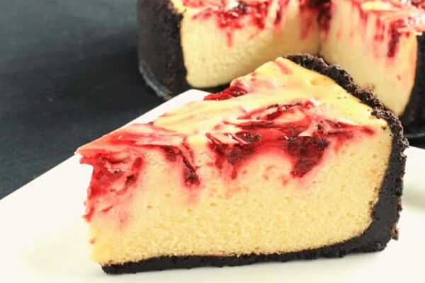 Easy White Chocolate Raspberry Cheesecake, homemade and freshly served