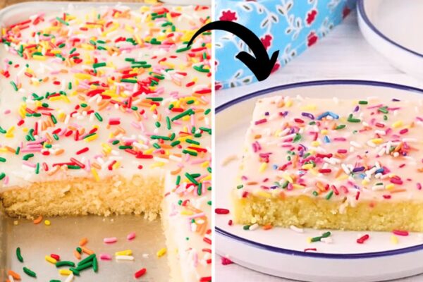 Easy Old-Fashioned White Texas Sheet Cake, homemade and freshly served