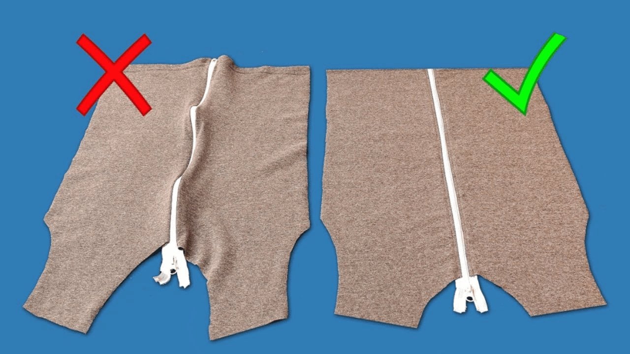 Graphic comparing a wavy rippled zipper marked with a red cross against a flat smooth zipper marked green
