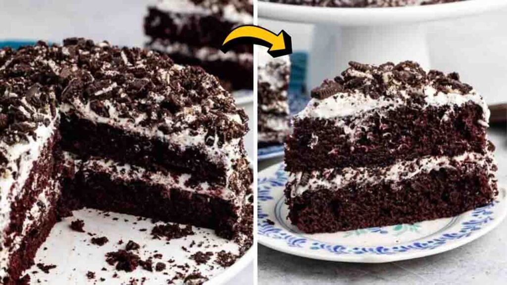 Extreme Oreo Cake with Marshmallow Frosting, homemade and freshly served