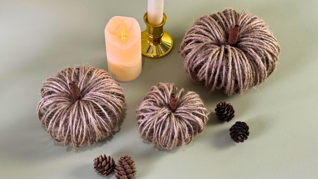 Fall crafts - finished DIY twine pumpkin with a cinnamon stick stem, easy toilet paper roll craft