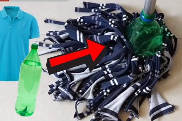 a Floor Mop With Plastic Bottles and an Old Shirt