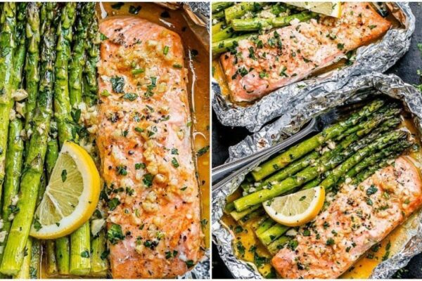 Foil Salmon and Asparagus in Garlic Sauce, homemade and freshly served
