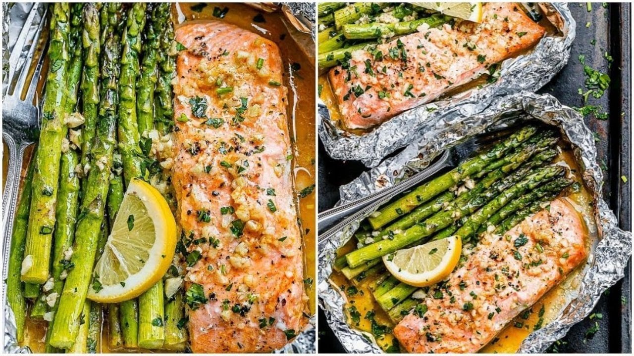 Two panel graphic of salmon and asparagus in a lined pan and in two open foil packets with lemon slices