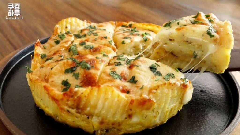 Garlic Cheese Potato Cake, homemade and freshly served