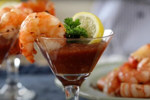 Garlic Roasted Shrimp Appetizer with Cocktail Sauce, homemade and freshly served