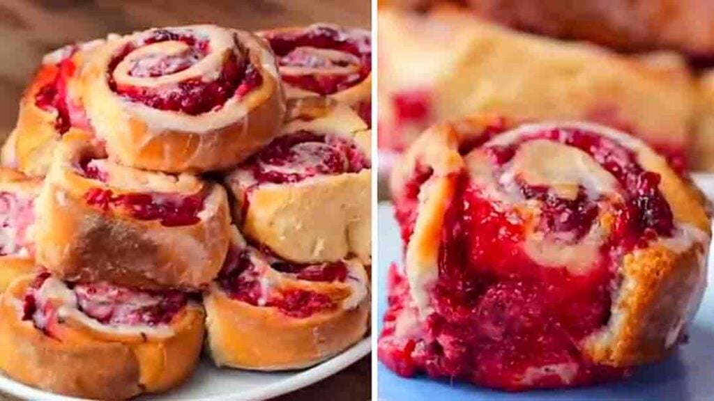 Glazed Raspberry Cheesecake Swirl Buns, homemade and freshly served